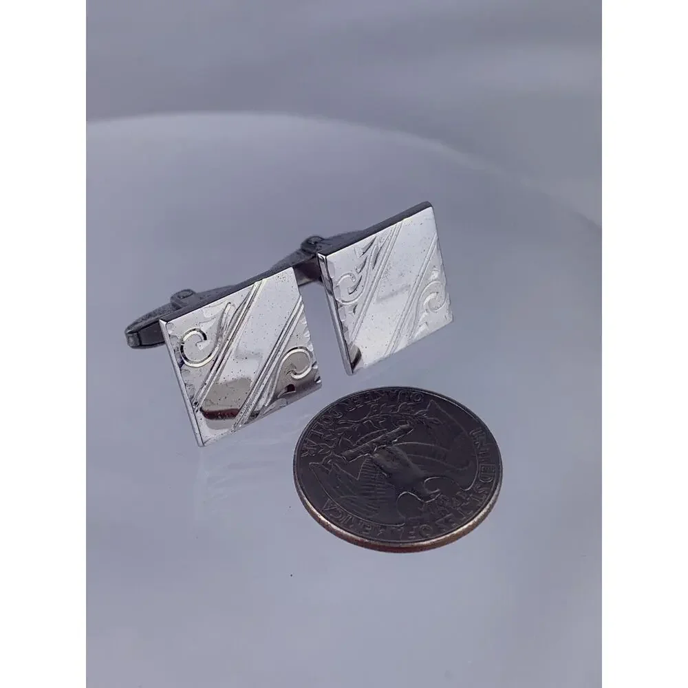Simple Etched Scroll Sterling Silver Cufflinks Foster Formal Square Vintage